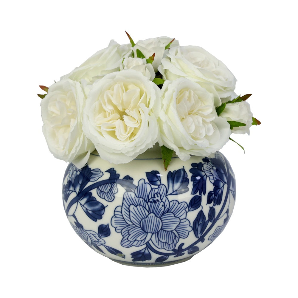 White Artificial Austin Rose Arrangement in Porcelain Vase IHR-RS089-W