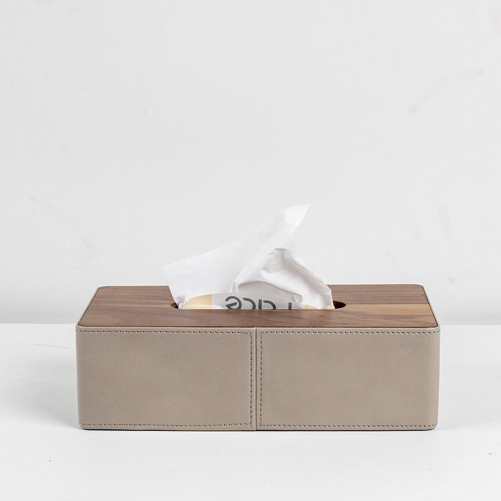 Leather & Wood Tissue Box Cover - Taupe CZ-B-A-0056