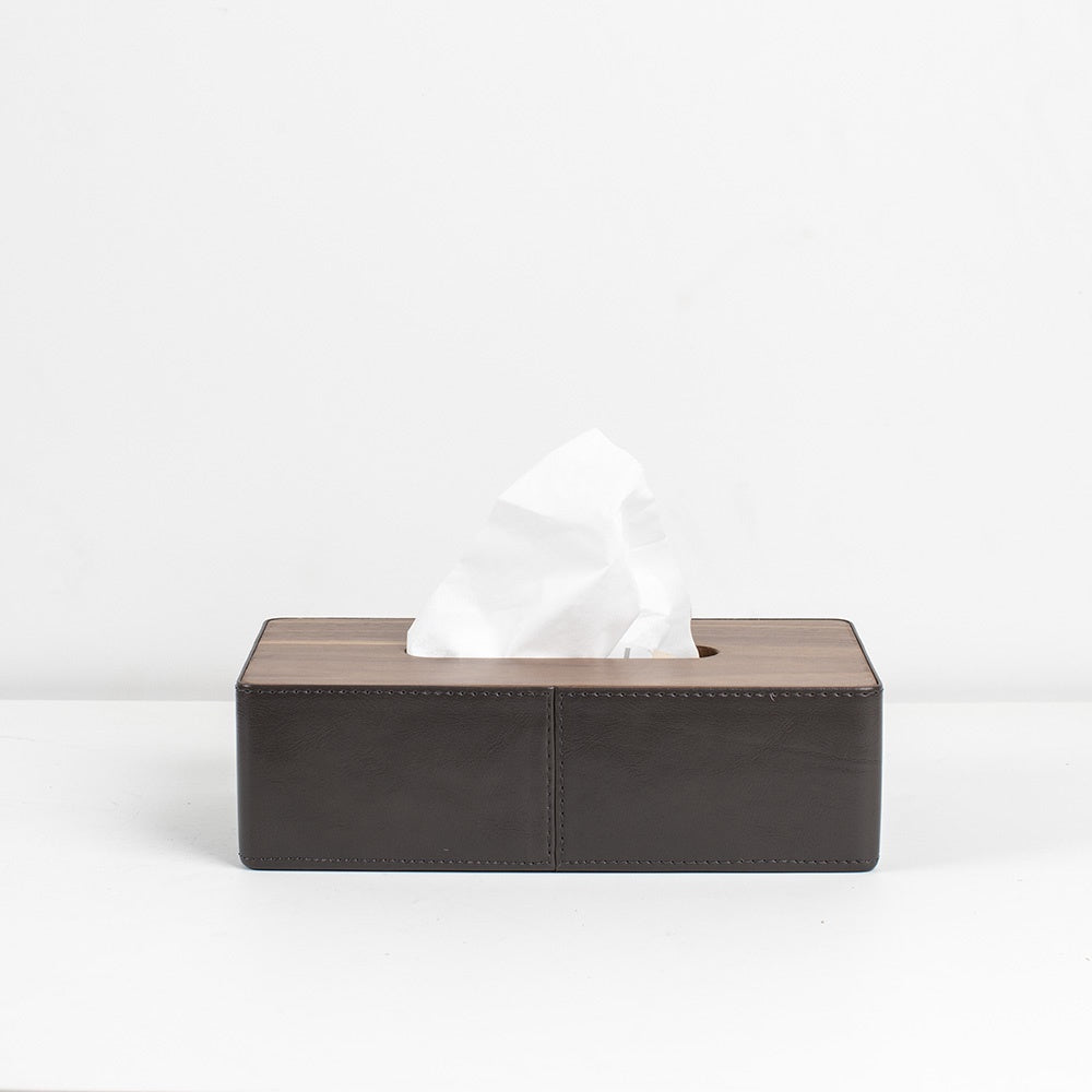 Leather & Wood Tissue Box Cover - Brown CZ-B-A-0057