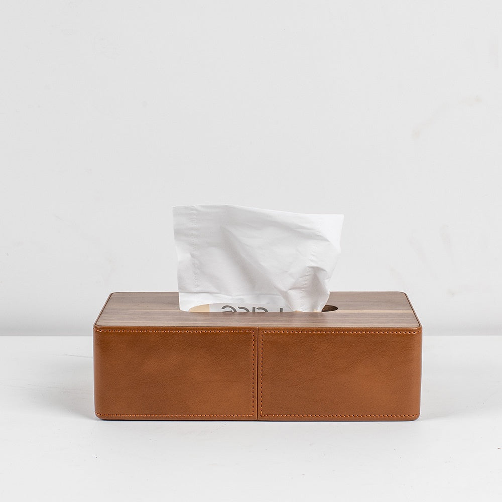 Leather & Wood Tissue Box Cover - Tan CZ-B-A-0058