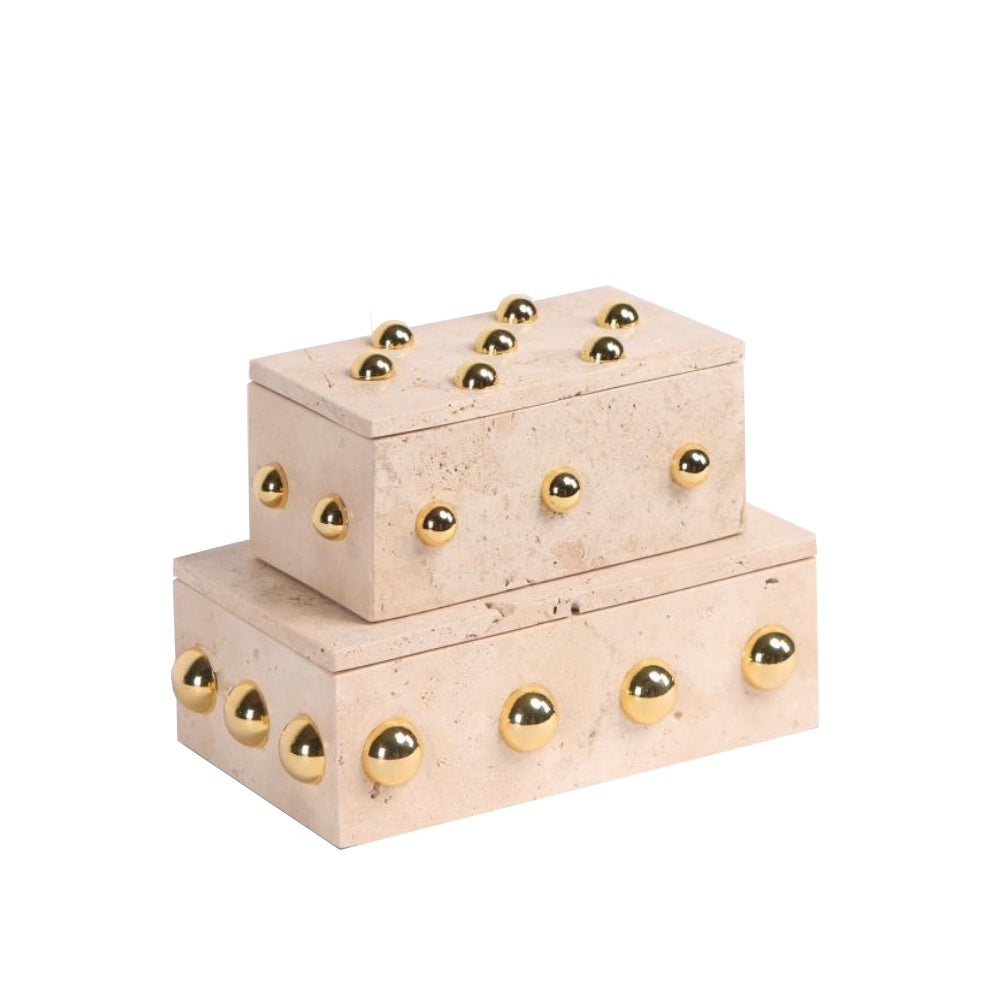Beige Stone Decorative Box with Gold Detail - Medium CZB-1035