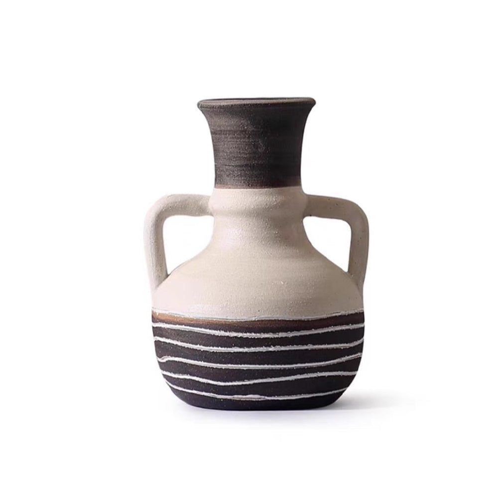 Dark Brown & Ivory Ceramic Vase with Handle Detail CZCV-0155