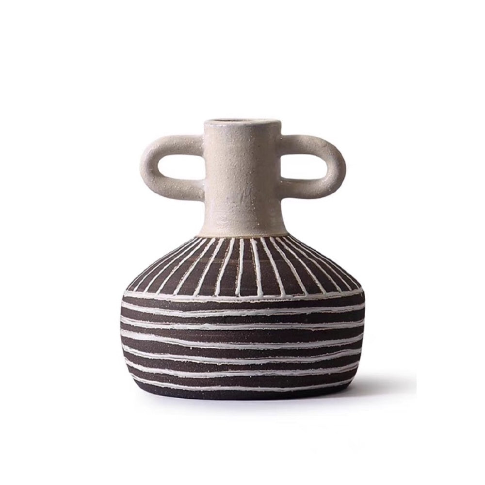 Dark Brown & Ivory Ceramic Vase with Handle Detail CZCV-0156