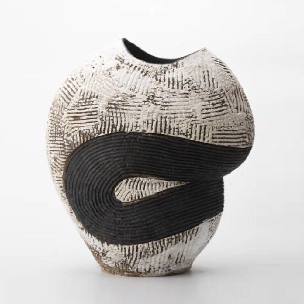 Black & White Textured Ceramic Vase with Paint Line Detail CZCV-0723