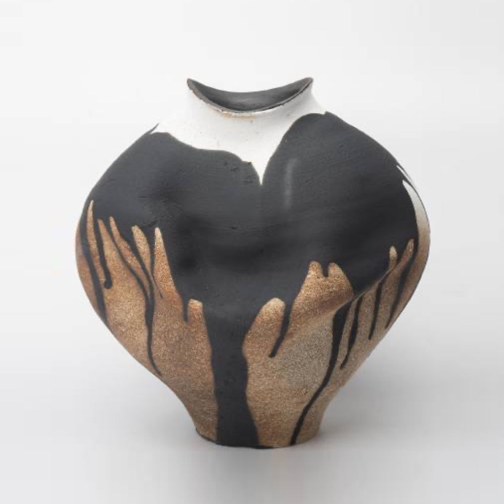 Black, Deep Beige & White Ceramic Vase with Drip Detail CZCV-0737