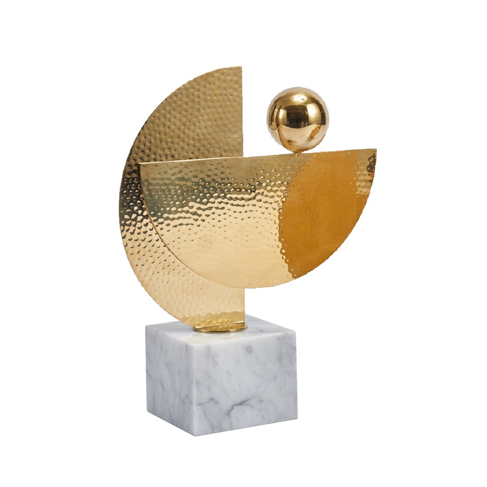 Gold Metal Abstract Geometric Sculpture with White Marble Base - Large CZD-1158