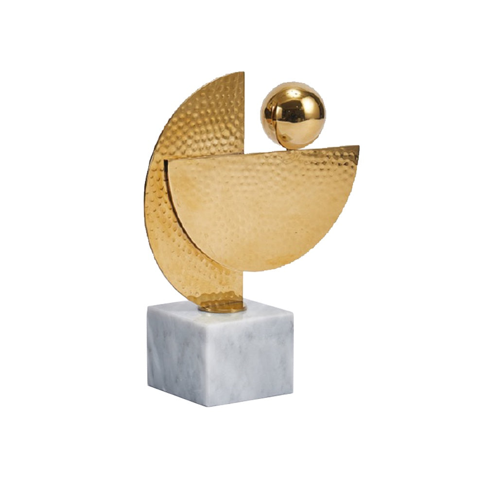 Gold Metal Abstract Geometric Sculpture with White Marble Base - Smal CZD-1159