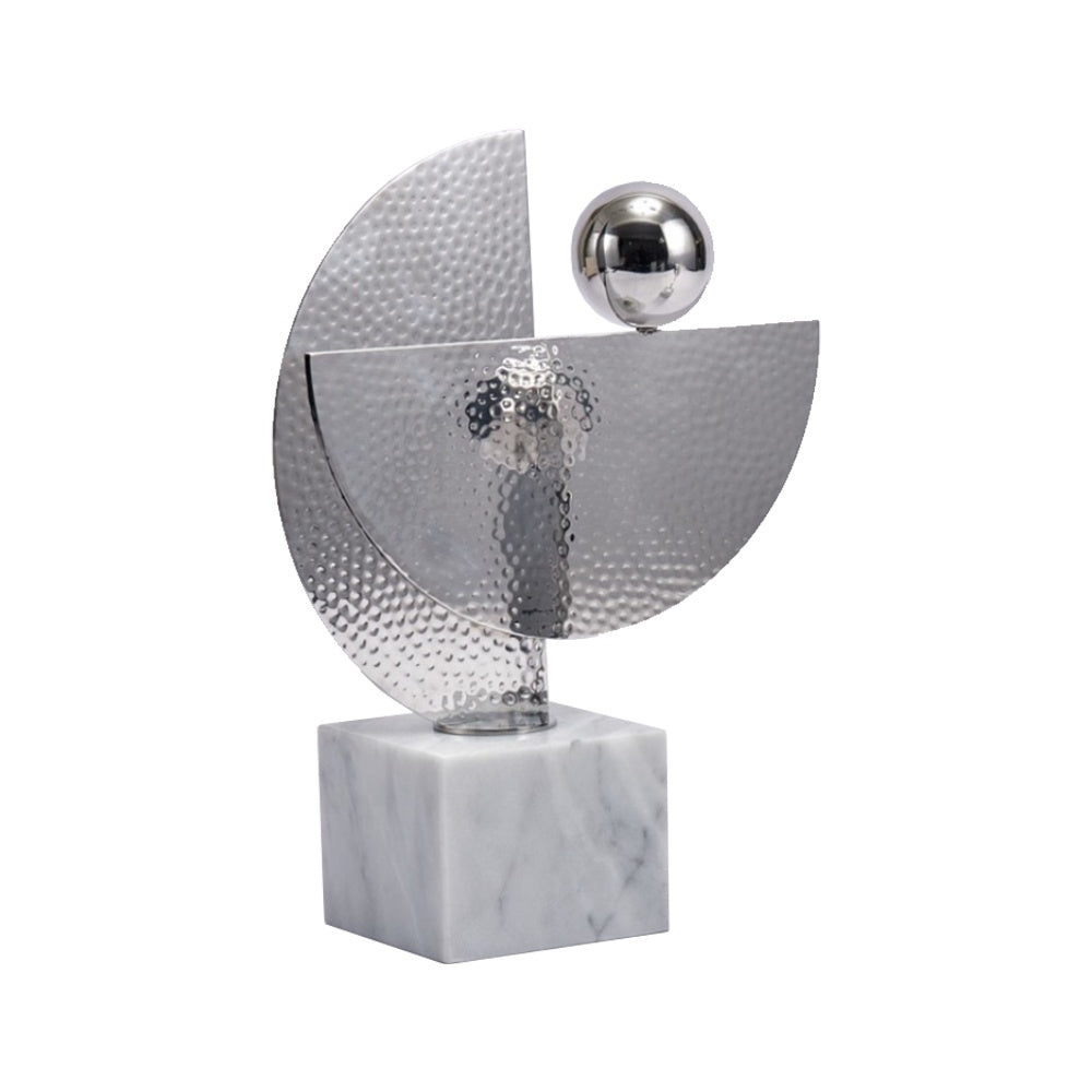 Silver Metal Abstract Geometric Sculpture with White Marble Base - Large CZD-1160