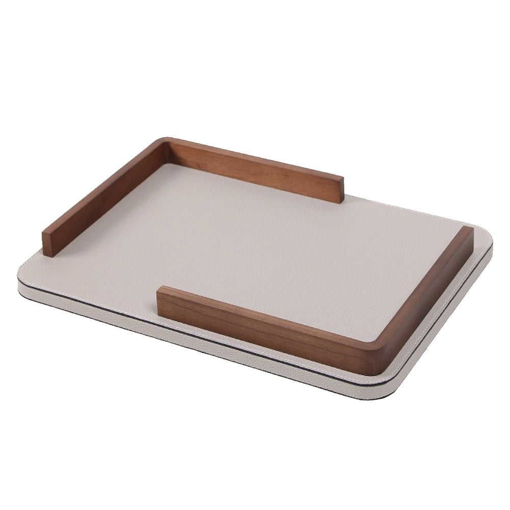 Grey PU Leather Rectangular Tray with Wooden Handle Detail CZT-1045