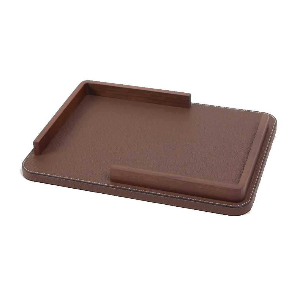 Brown PU Leather Rectangular Tray with Wooden Handle Detail CZT-1046