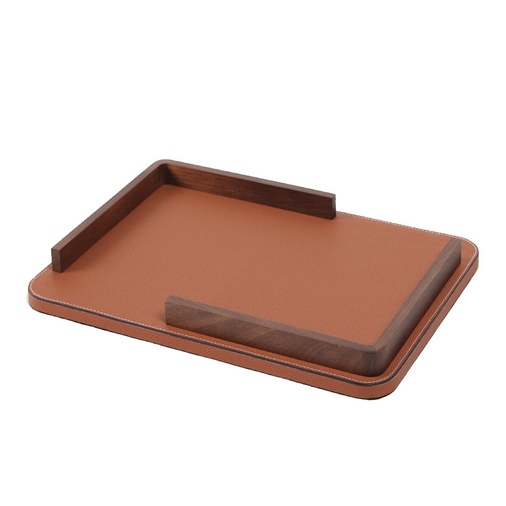 Terracotta PU Leather Rectangular Tray with Wooden Handle Detail CZT-1047
