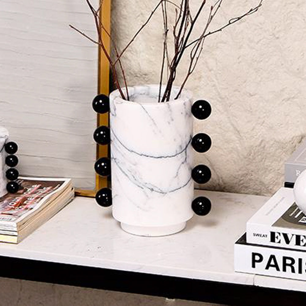 White Marble Decorative Vase with Black Circle Detail CZV-1008