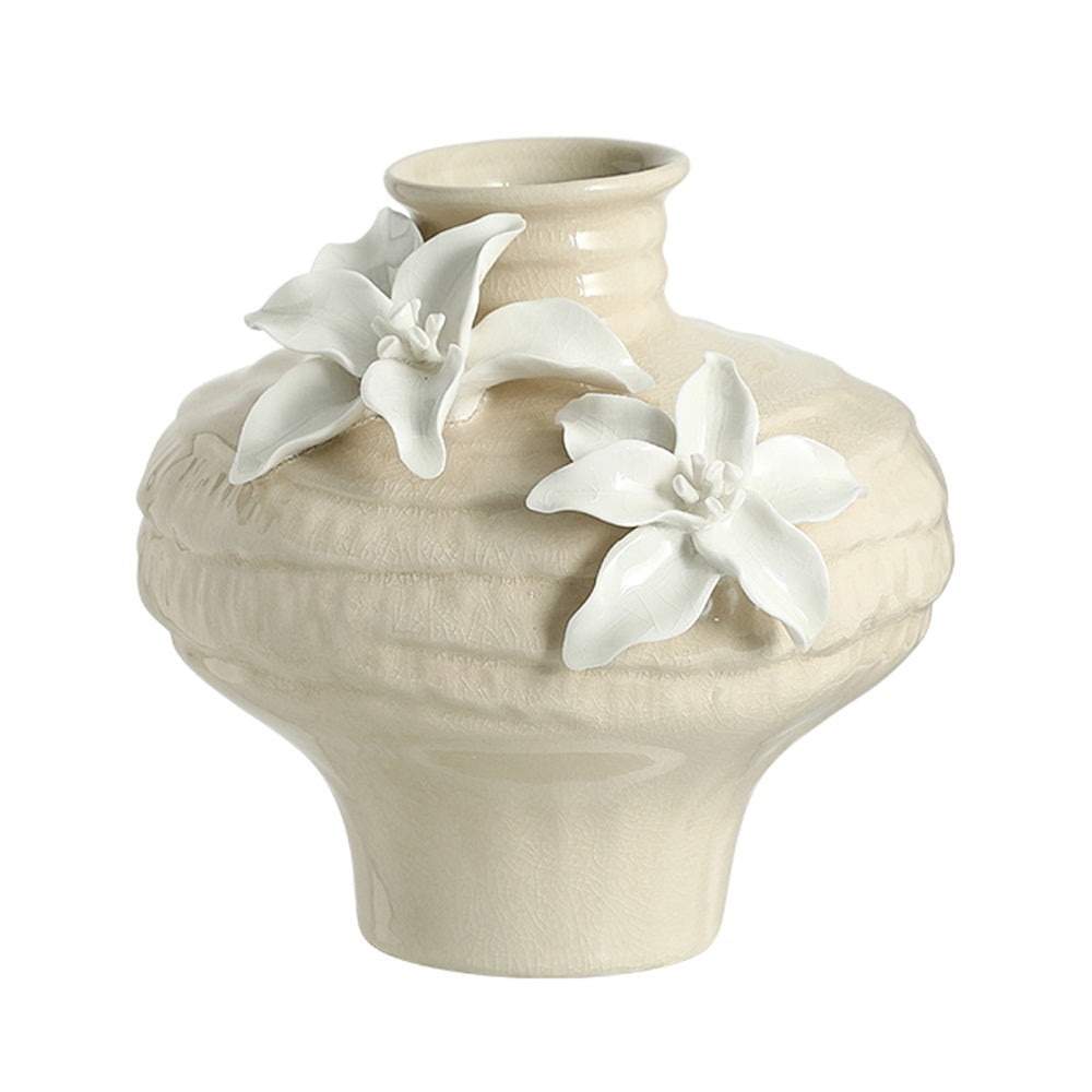 Beige Handmade Ceramic Vase with White Lily Detail FA-D26021A