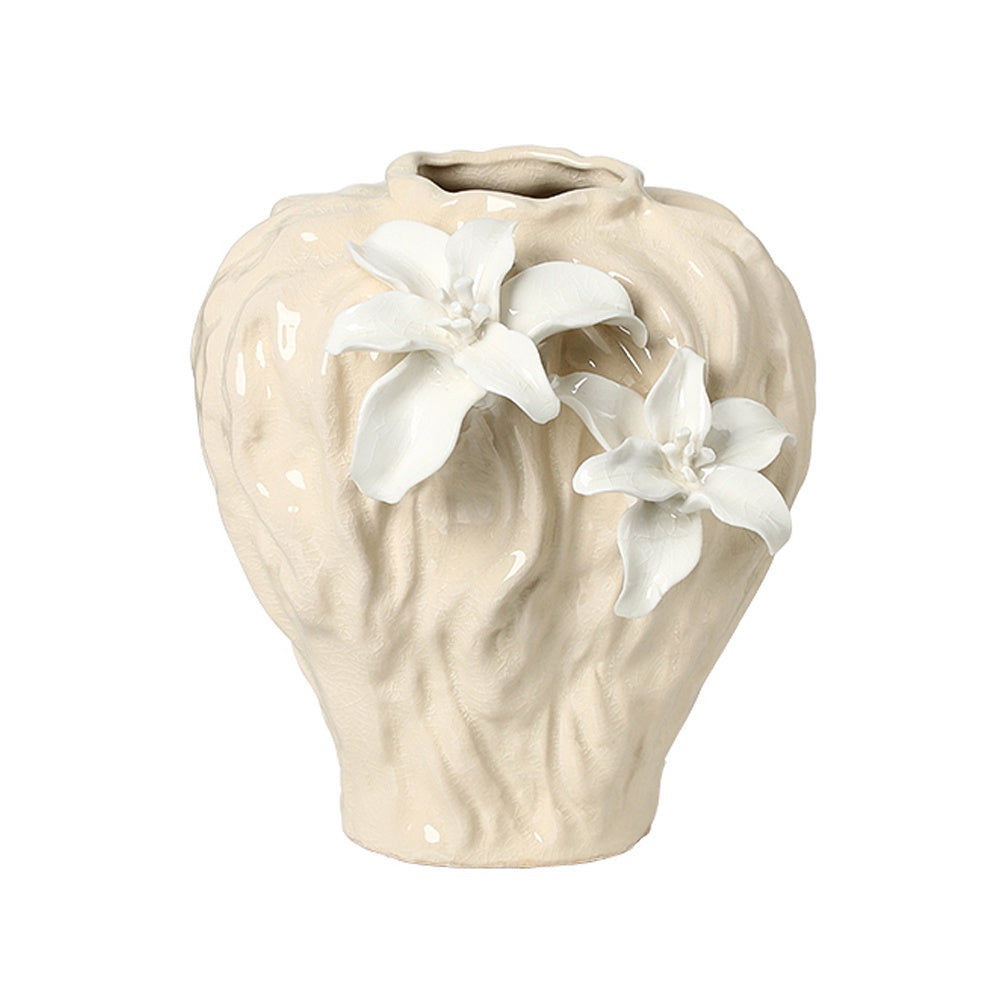 Beige Handmade Ceramic Vase with White Lily Detail FA-D26021B