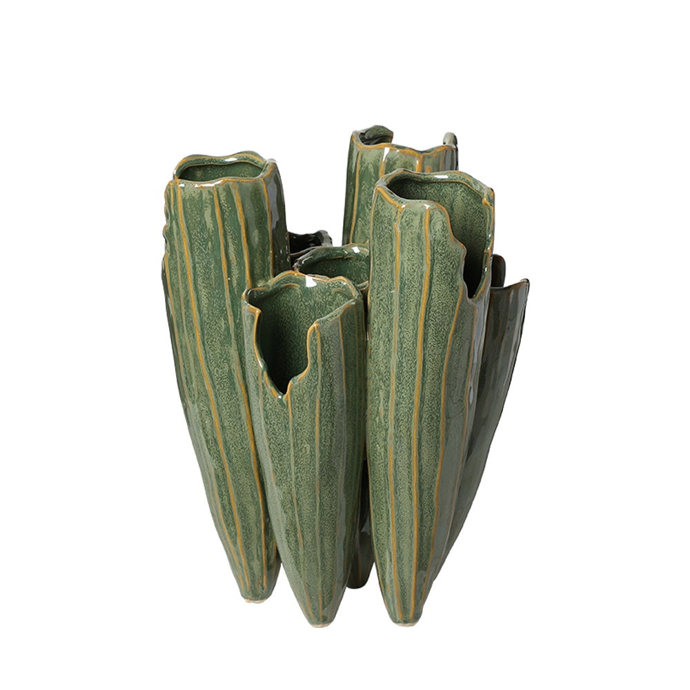 Green Ribbed Ceramic Bud Vase with Cactus Detail - Large FA-D26022A