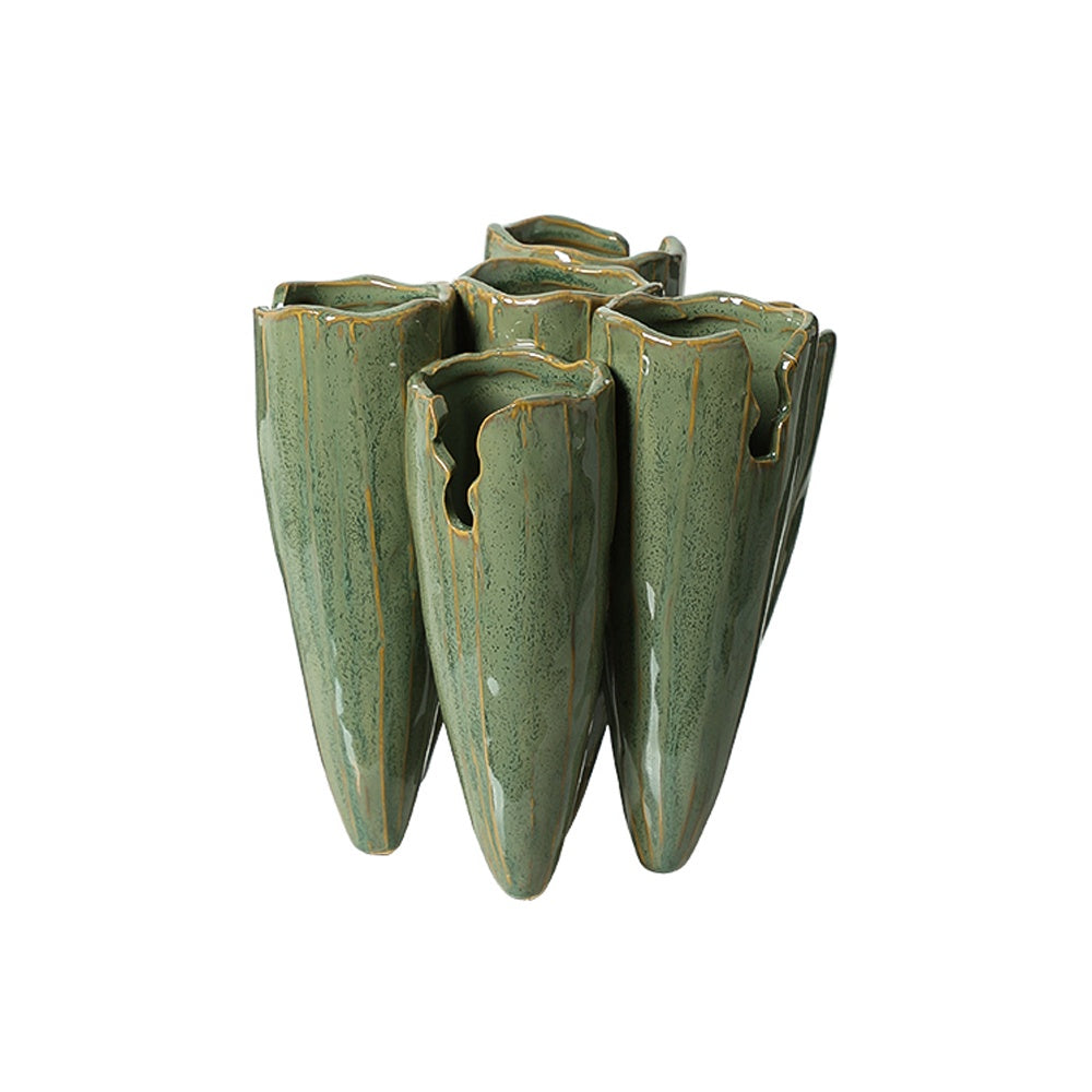Green Ribbed Ceramic Bud Vase with Cactus Detail - Small FA-D26022B