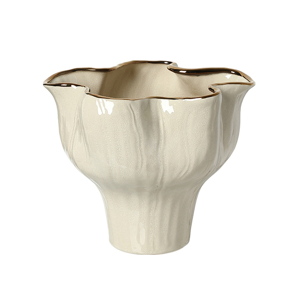 Beige Ruffled Ceramic Vase with Gold Detail - Large FA-D26033A