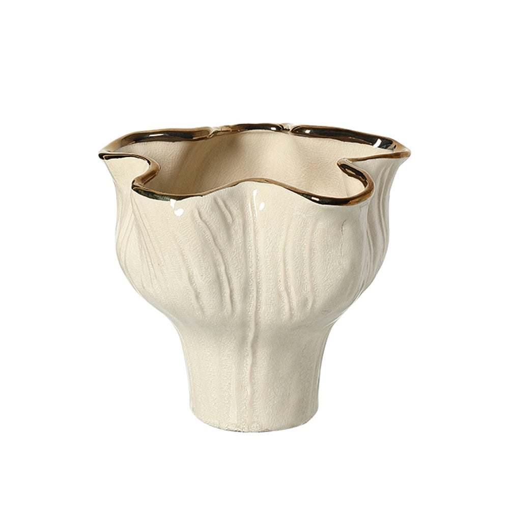 Beige Ruffled Ceramic Vase with Gold Detail - Small FA-D26033B