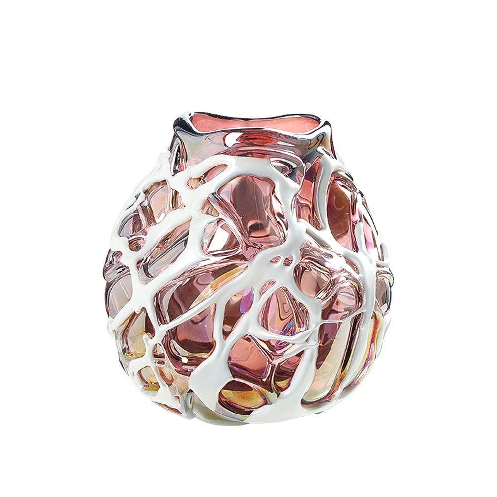 Pink Handmade Glass Vase with White Design Detail - Medium FB-E26020B