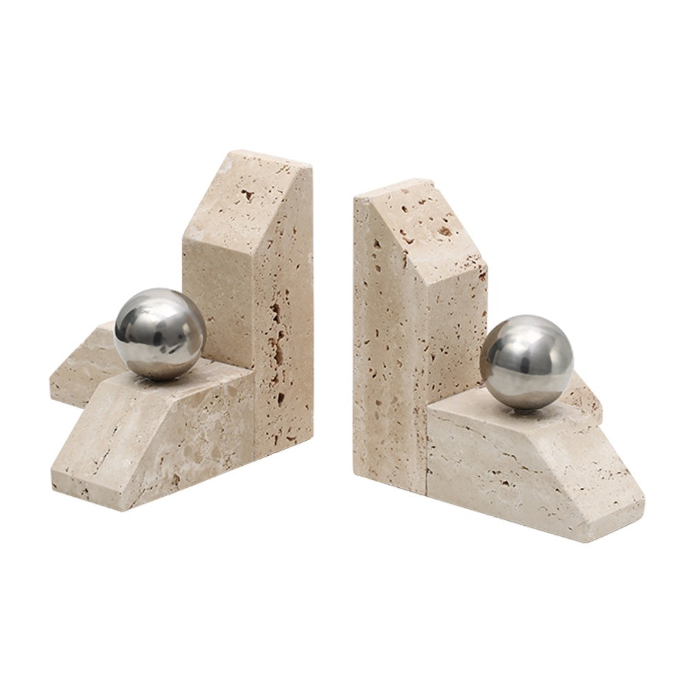 Set of 2 Travertine & Stainless Steel Bookends FB-T25031