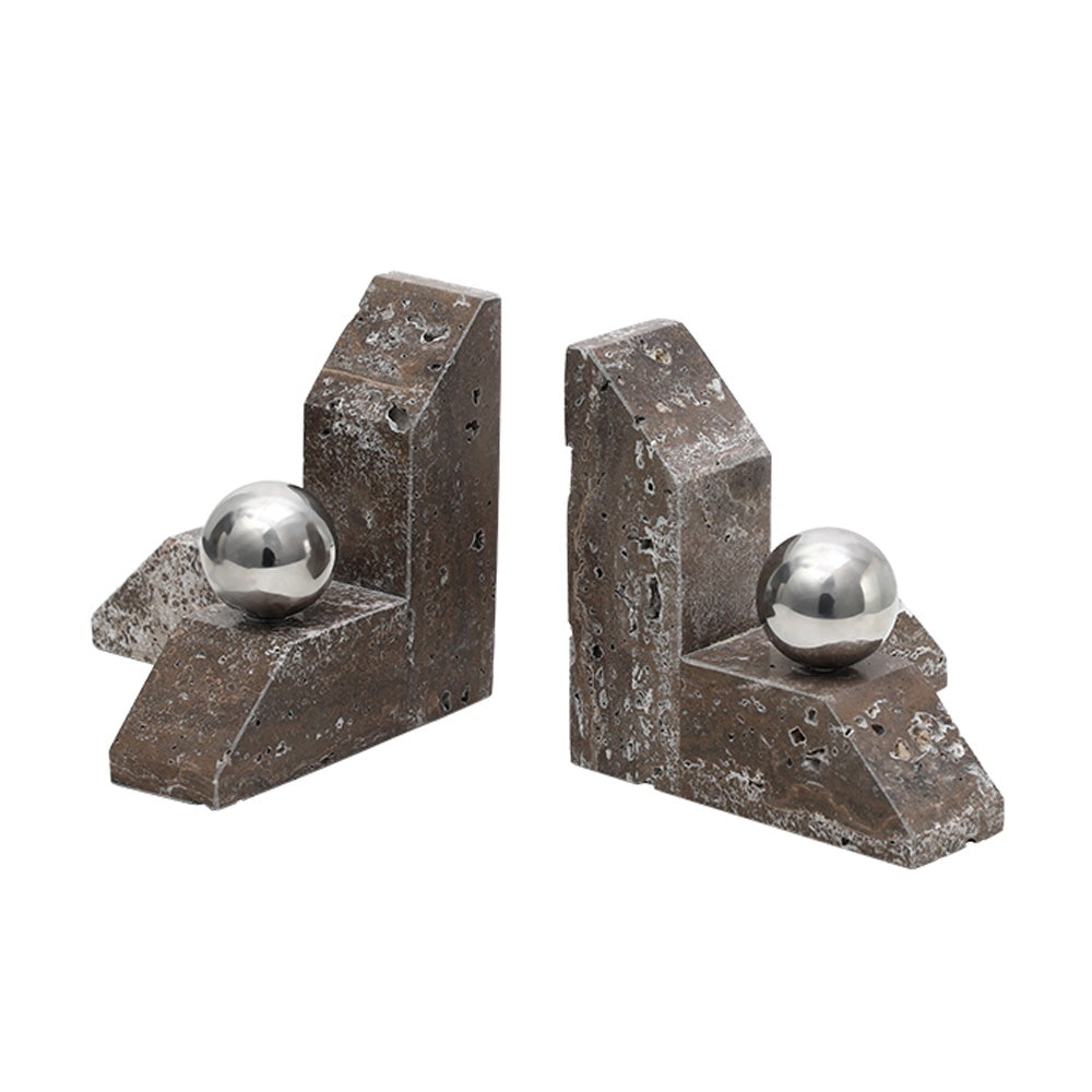 Set of 2 Stone & Stainless Steel Bookends FB-T25032
