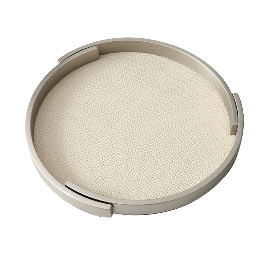 White Round Leather Tray with Metal Handle Detail FC-W24005A