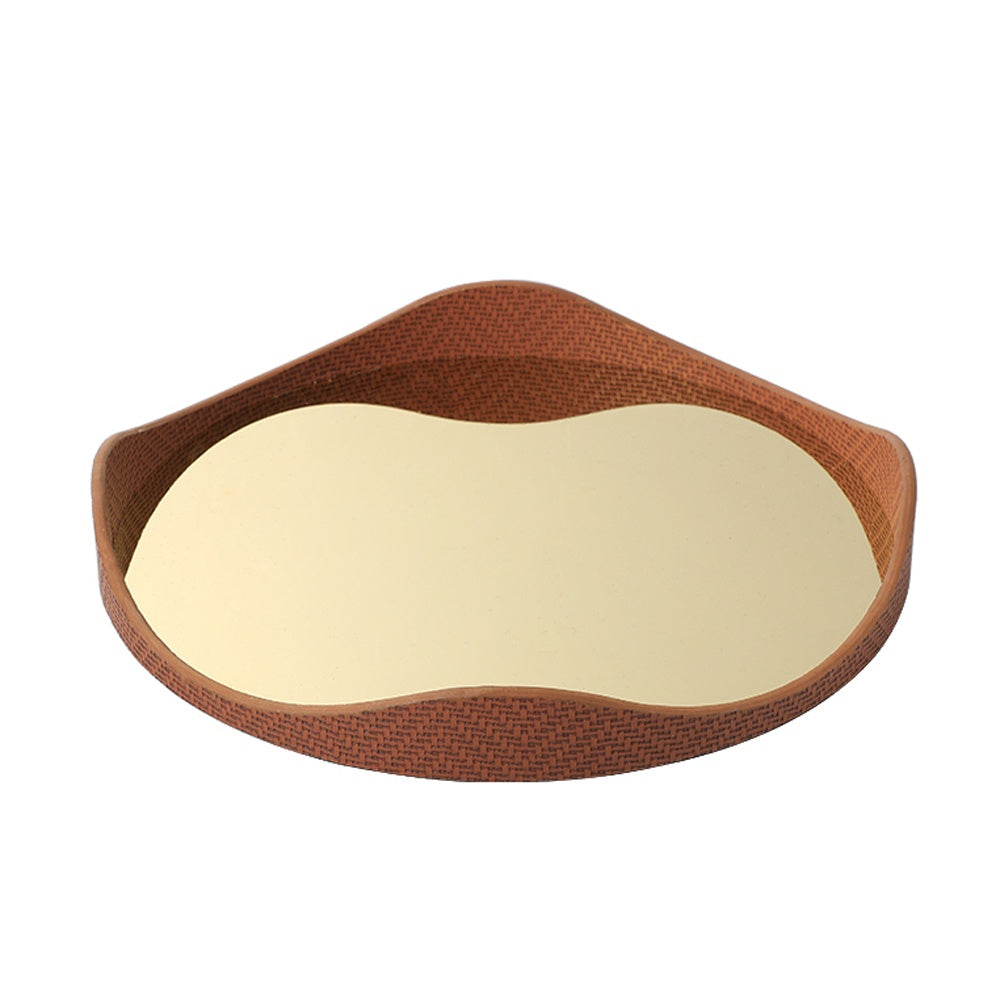 Rust Leather & Gold Chrome Metal Round Tray FC-W26031B