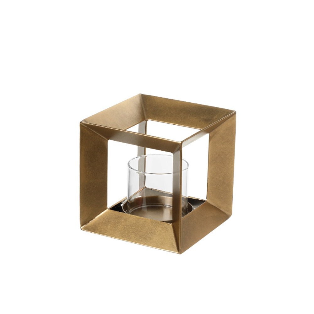 Gold Metal & Glass Square Candleholder - Medium FC-W26040B
