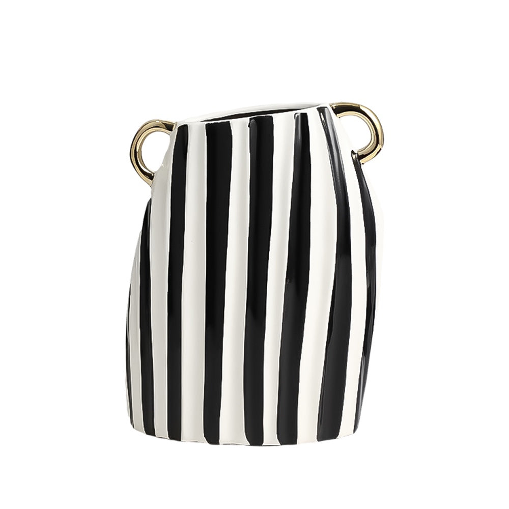 Black & White Ceramic Vase with Stripes and Gold Handle Detail FD-D24038A