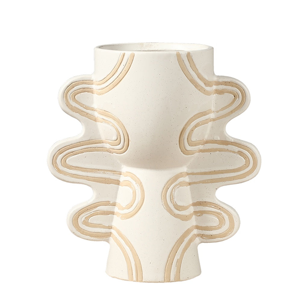 White & Beige Ceramic Vase with Handle Detail FD-D24055B