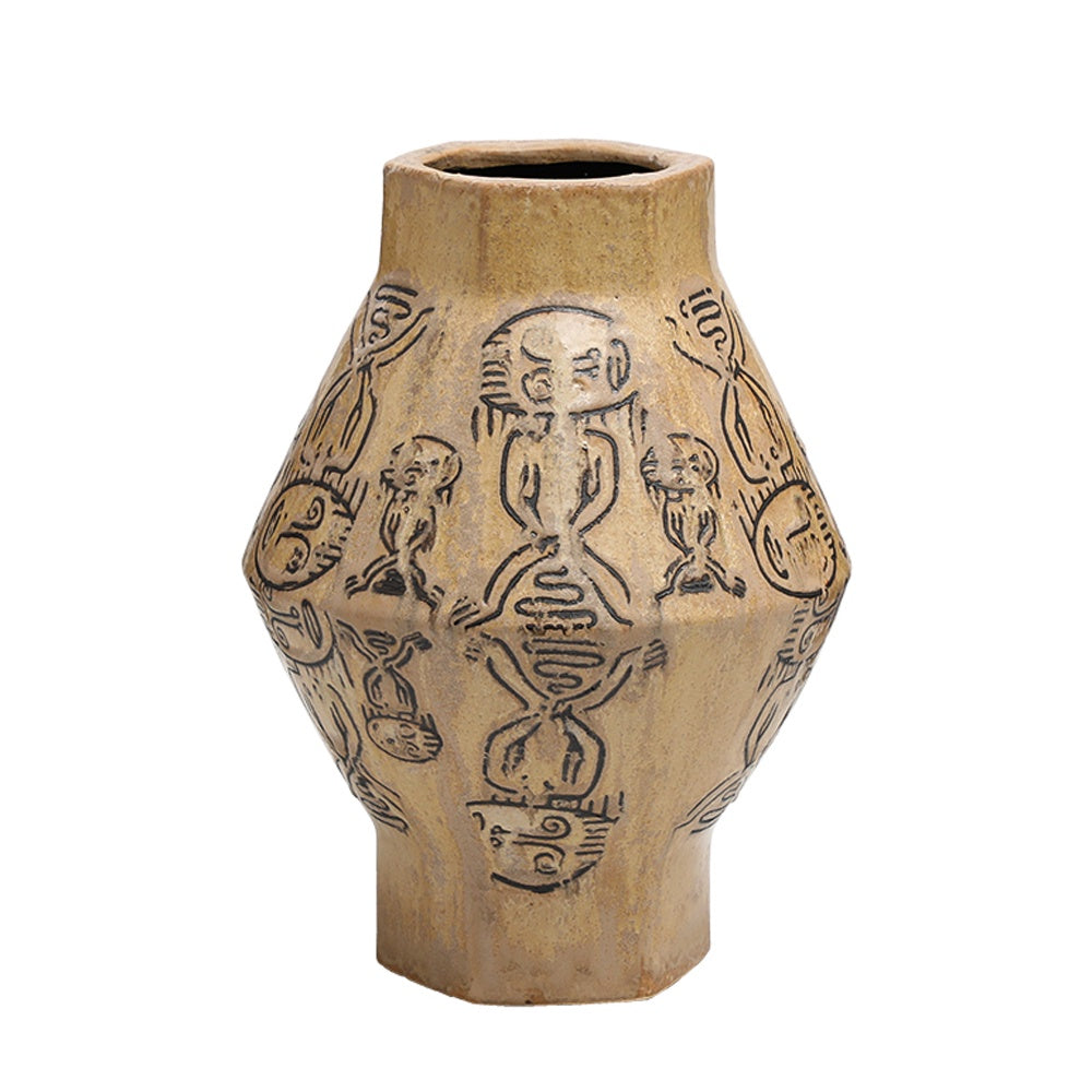 Beige Ceramic Vase with Drawing Detail - Large FD-D24065A