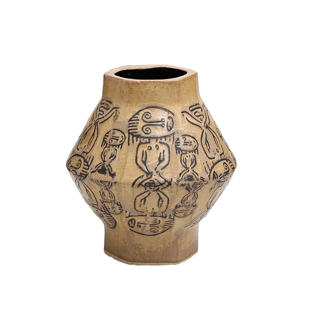 Beige Ceramic Vase with Drawing Detail - Medium FD-D24065B