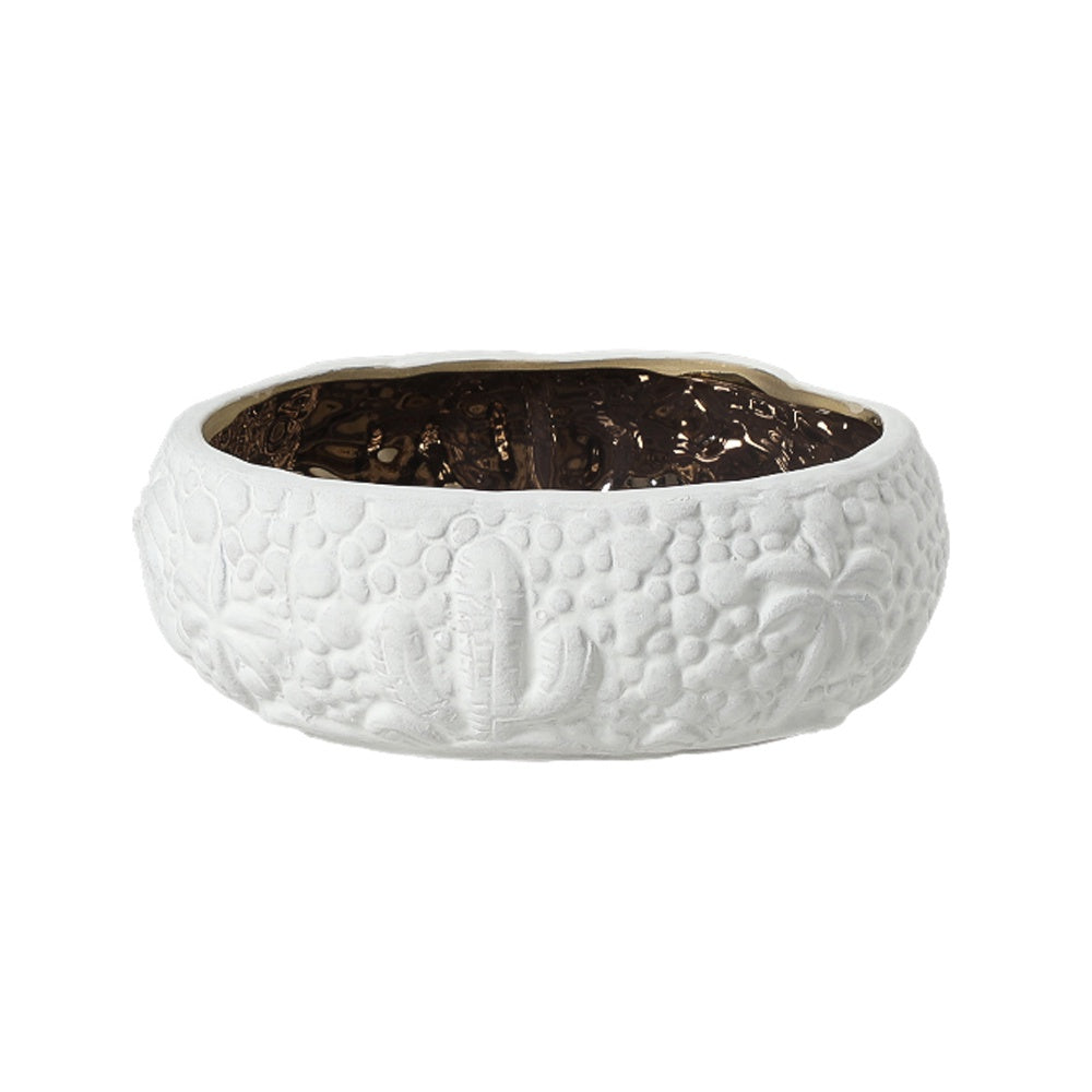 White Ceramic Decorative Bowl with Cactus Detail & Bronze Interior - Small FD-D24092B