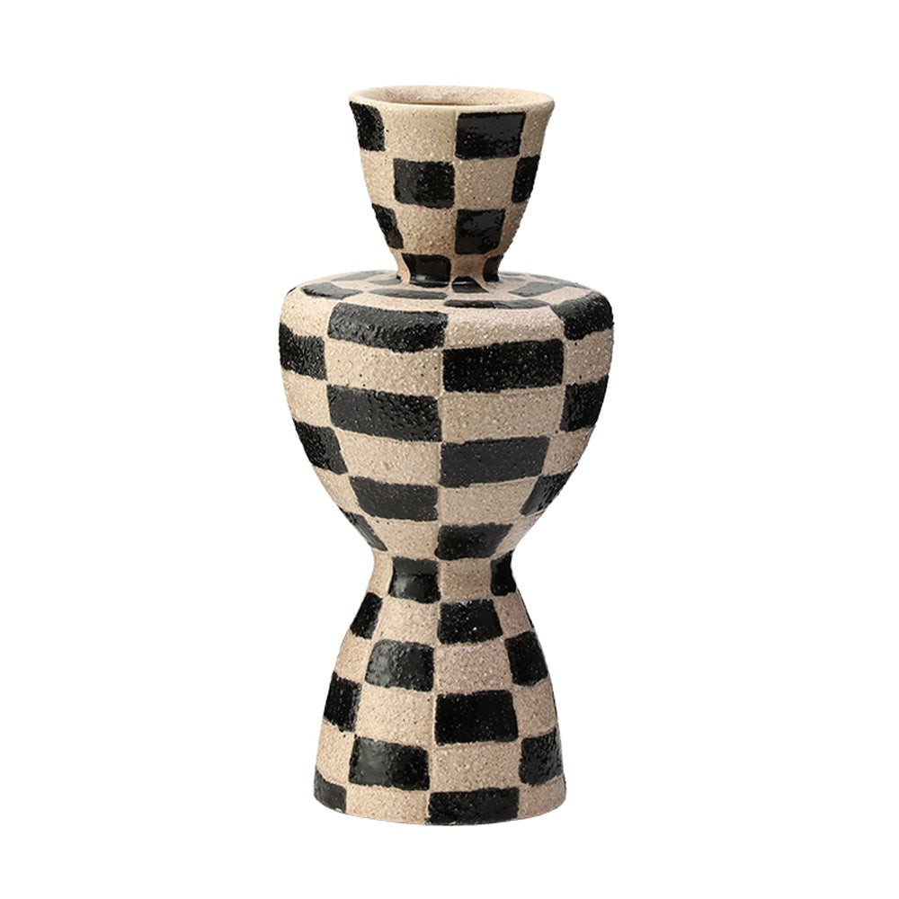 Black & Beige Textured Ceramic Vase with Checkered Detail - A FD-D24128A
