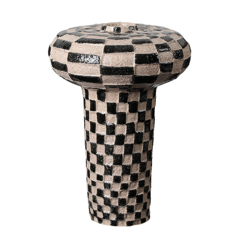 Black & Beige Textured Ceramic Vase with Checkered Detail - C FD-D24129A