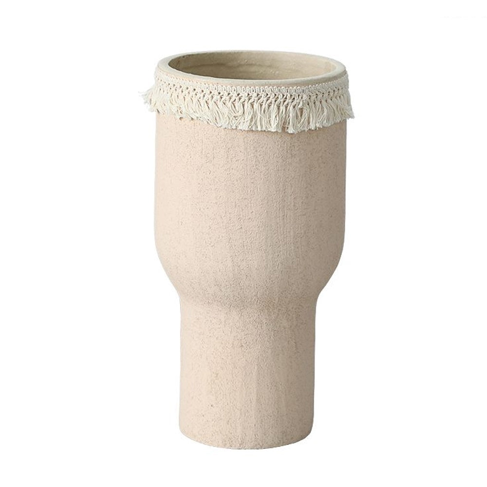 Beige Ceramic Vase with Cotton Tassel Detail - Large FD-D25148A