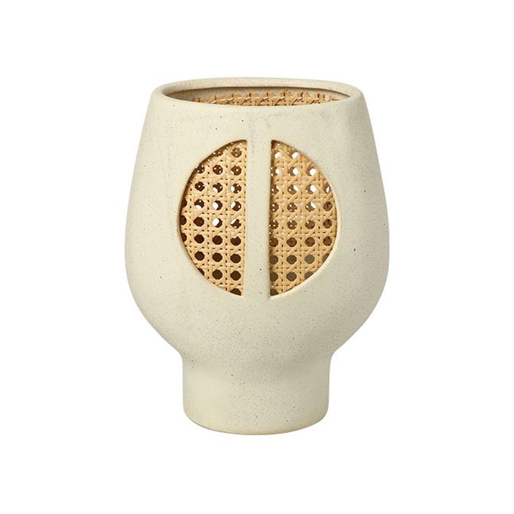Offwhite Ceramic Pedestal Vase with Rattan Detail - B FD-D25156B
