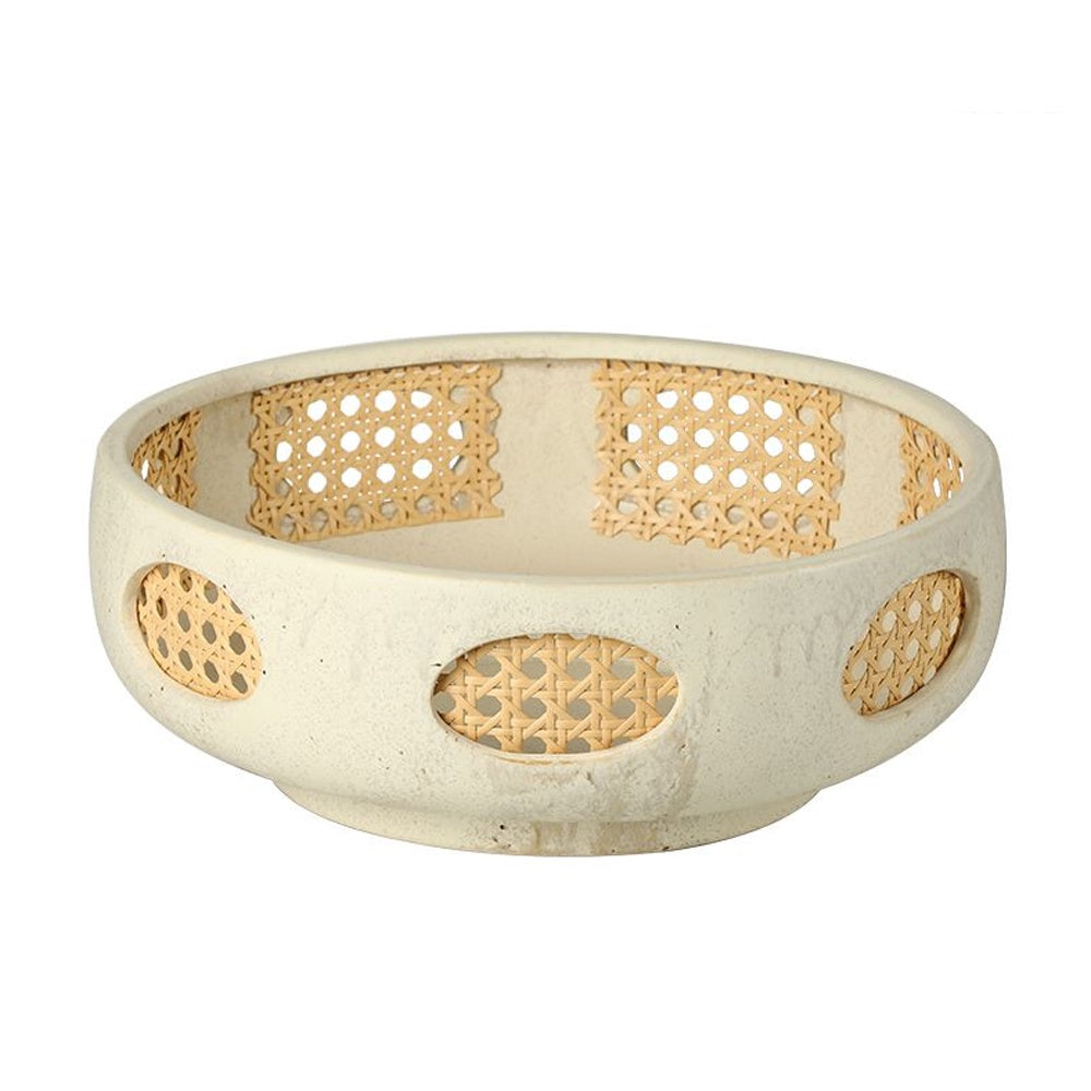 Offwhite Ceramic Bowl with Rattan Detail FD-D25157