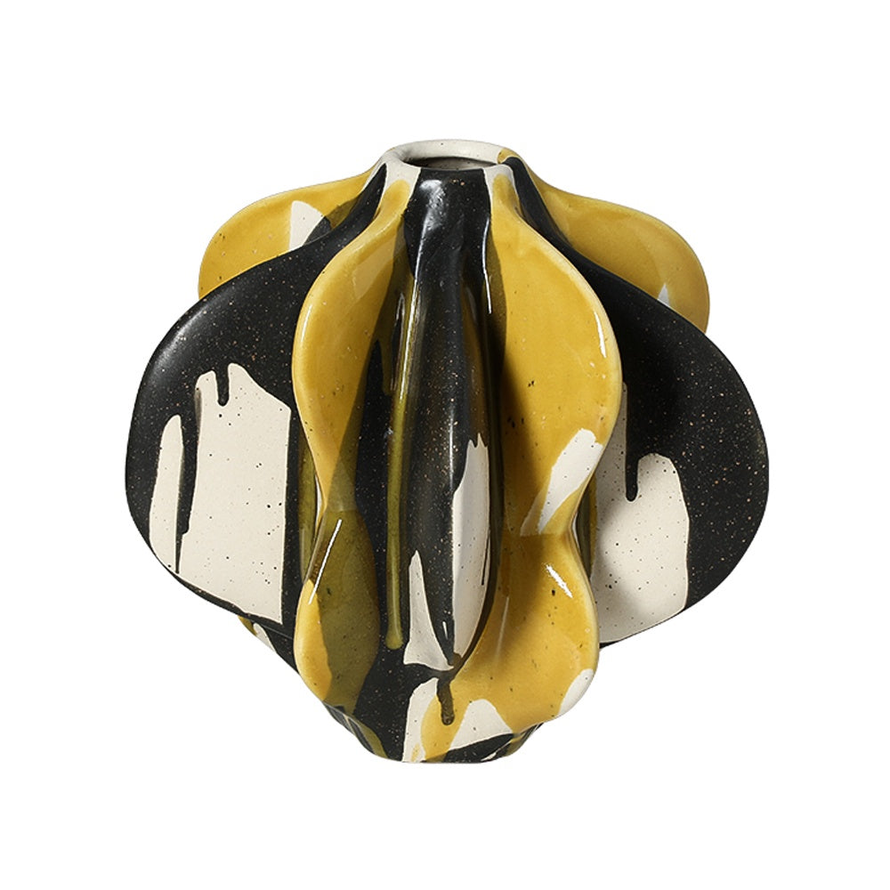 Black, White & Ochre Ceramic Vase with Drip Detail FF-D25064