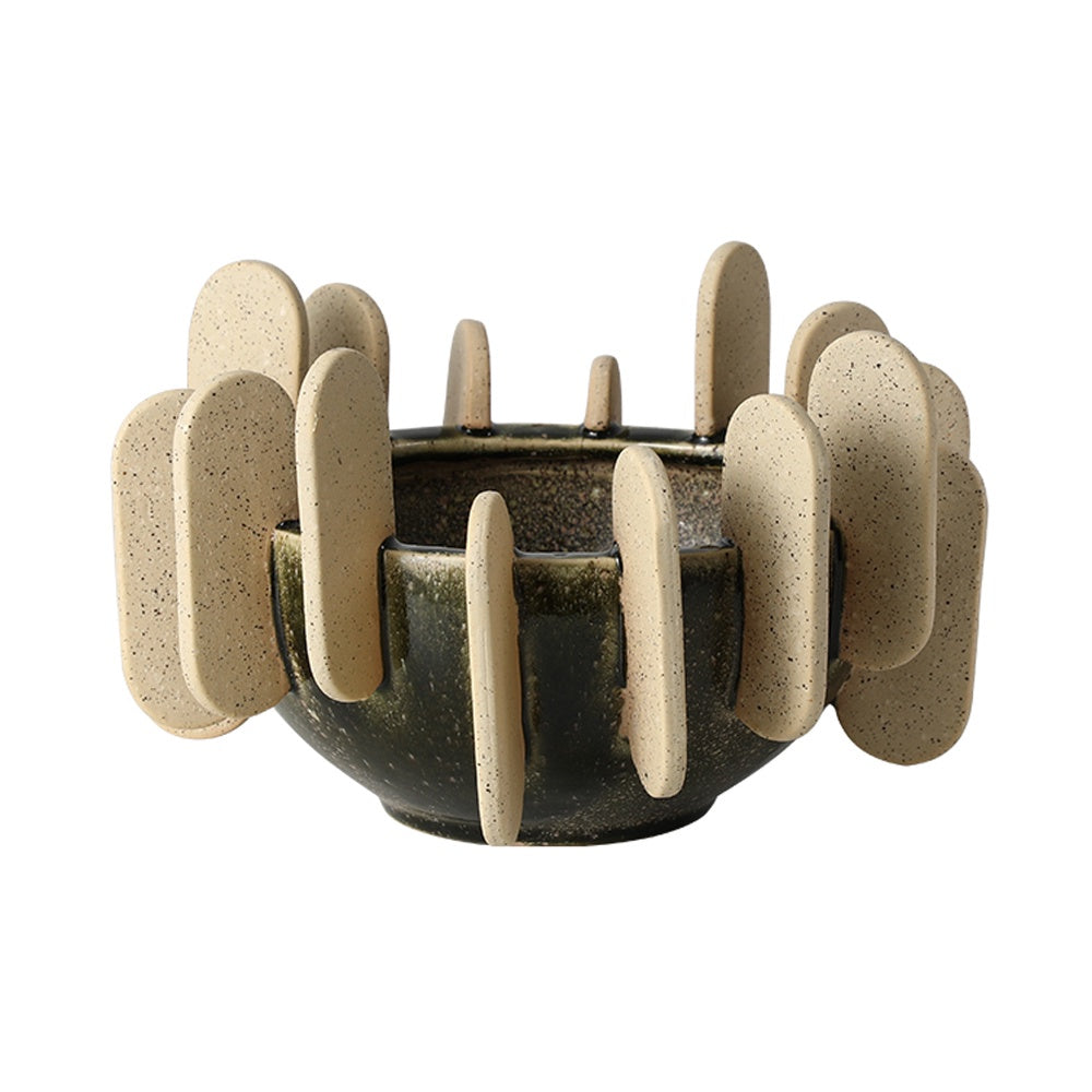 Brown, Green & Beige Ceramic Decorative Bowl with Finger Detail FF-D25065A