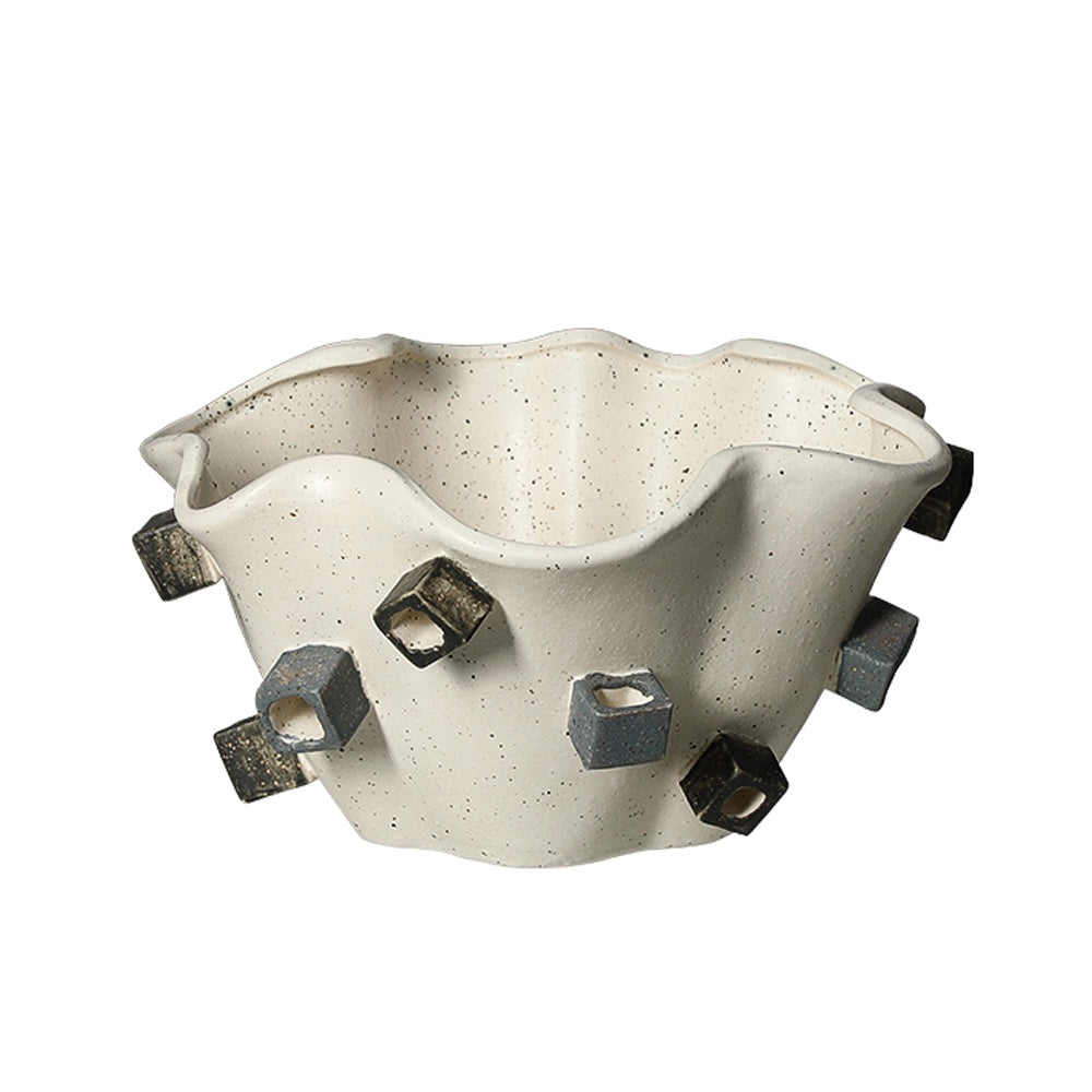 White Speckled Ceramic Decorative Bowl with Contrast Cube Detail FF-D25070B