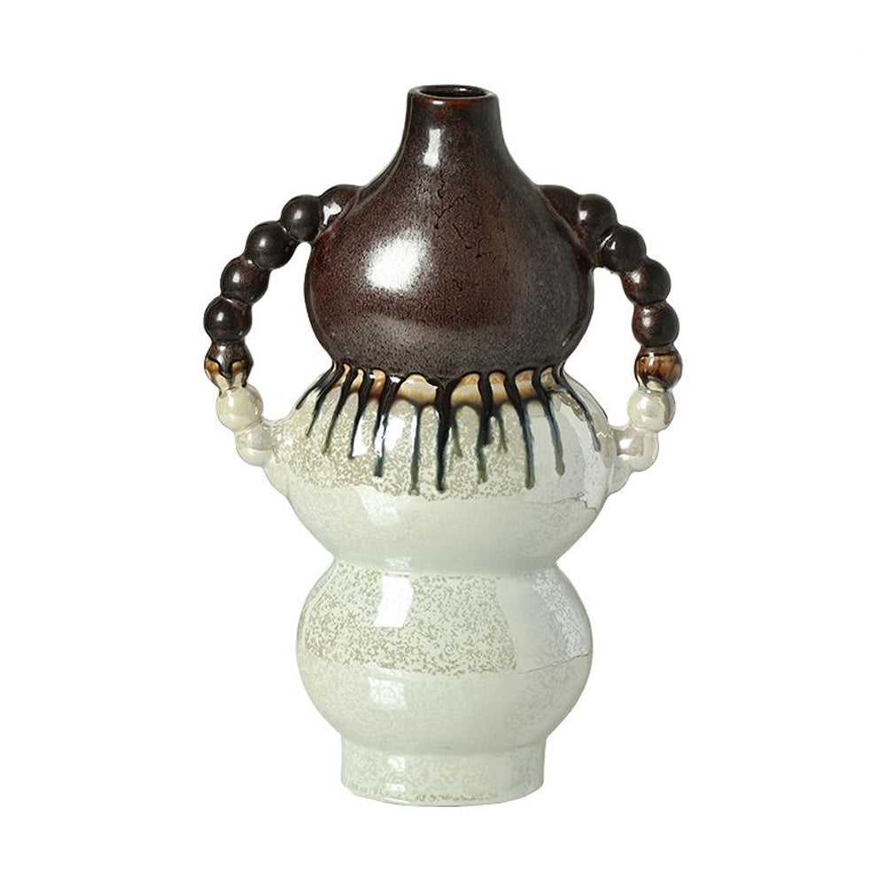 Brown & Offwhite Mixed Glaze Ceramic Vase with Beaded Handle Detail - Large FF-D25133A