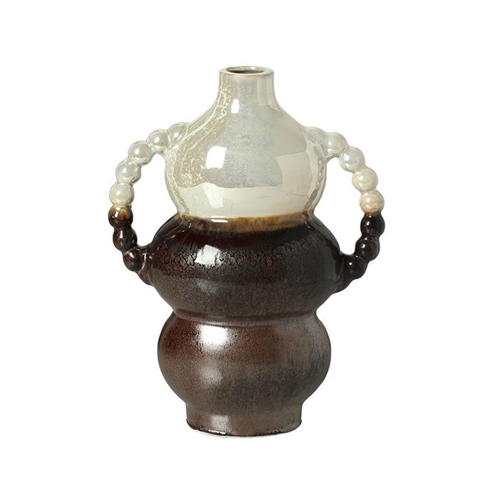 Brown & Offwhite Mixed Glaze Ceramic Vase with Beaded Handle Detail - Medium FF-D25133B