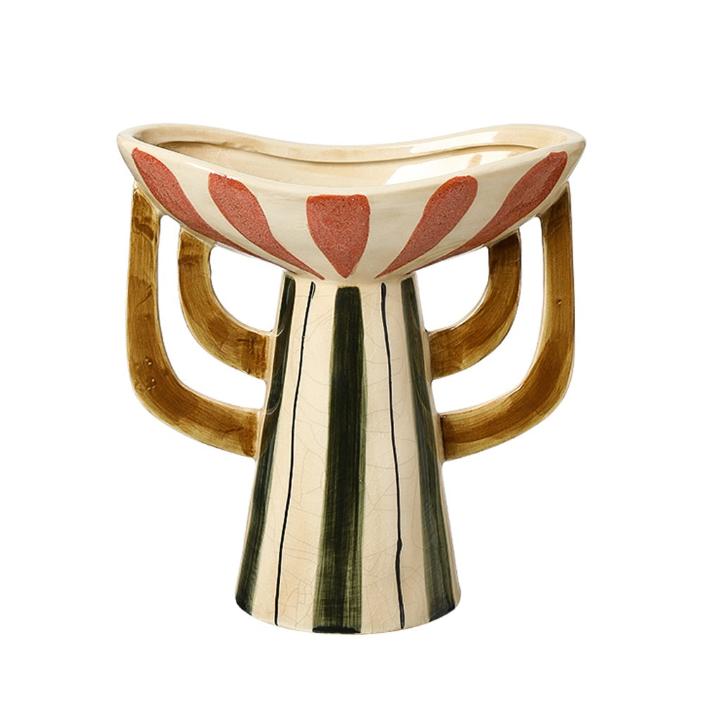 Multi-Color Striped Ceramic Pedestal Vase with Handle Detail - Wide FF-D26024A