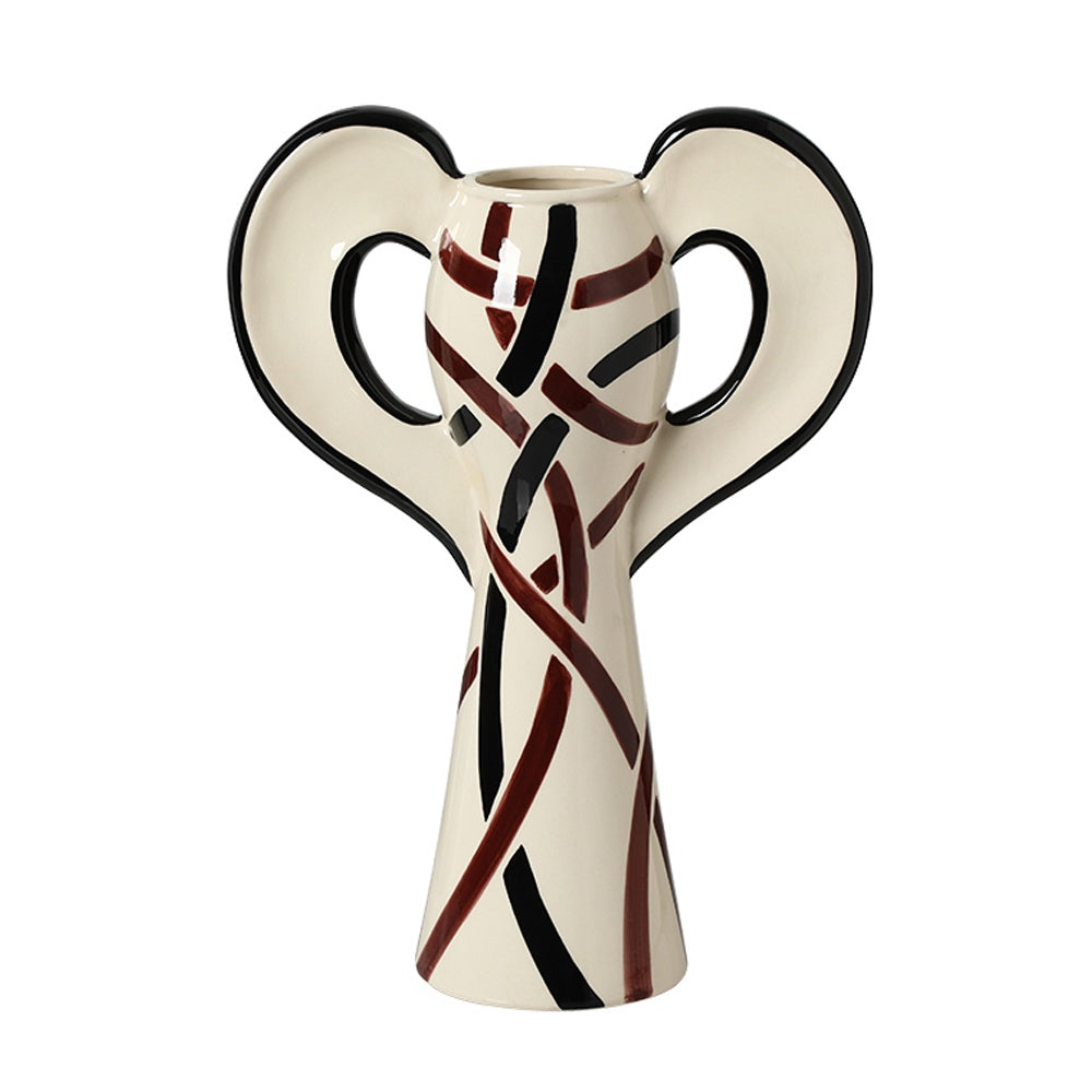 White, Black & Brown Ceramic Vase with Flat Ring Handle & Stripe Detail - Large FF-D26030A