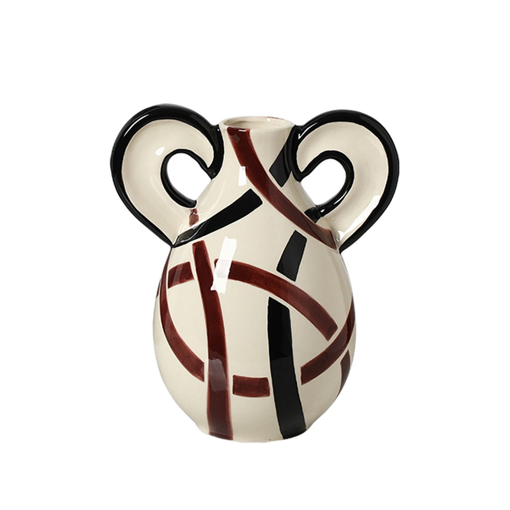 White, Black & Brown Ceramic Vase with Flat Ring Handle & Stripe Detail - Small FF-D26030B