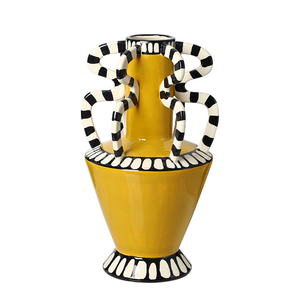 Yellow Ceramic Vase with Black & White Snake Striped Handle Detail FF-D26045A
