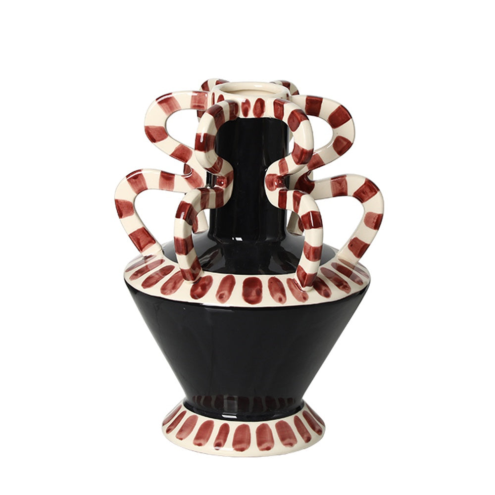 Black Ceramic Vase with Crimson & White Snake Striped Handle Detail FF-D26045B