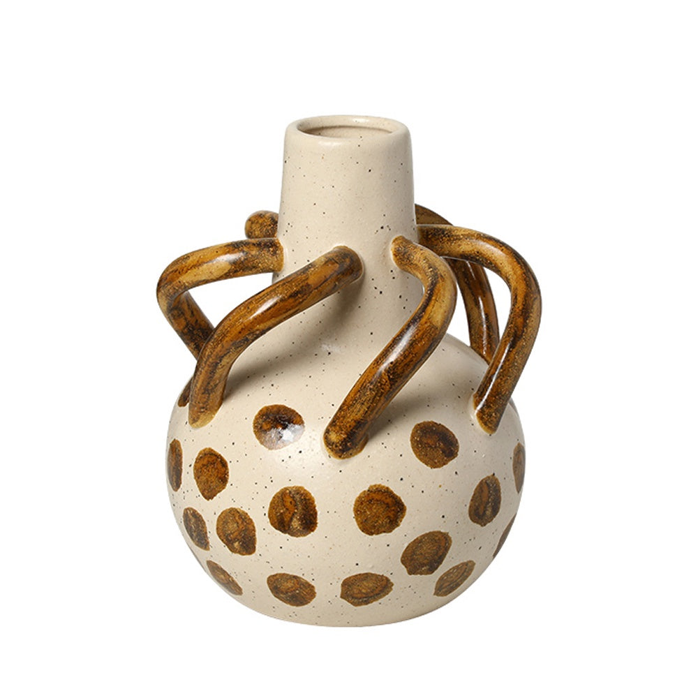 Beige Handmade Ceramic Vase with Brown Polkadot & Curved Handle Detail FF-D26052