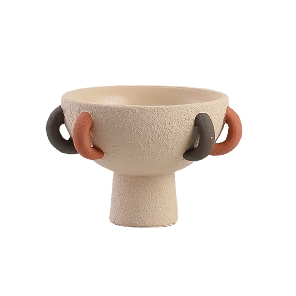Beige Cement Pedestal Bowl with Colorful Ring Detail FF-SN24021C